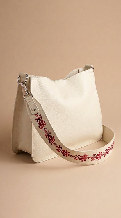 Minimalist Cream Leather Shoulder Bag with Embroidered Strap
