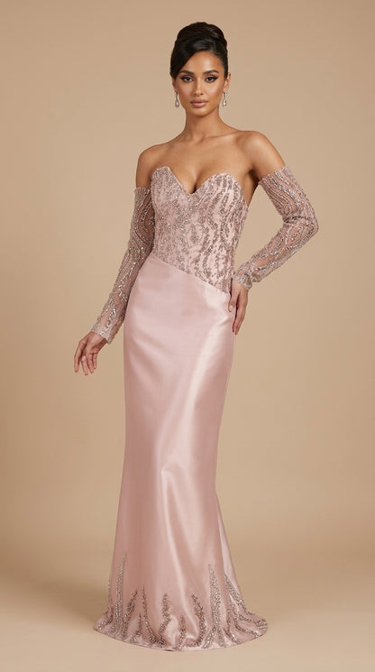 Woman wearing a pink evening gown with long sleeves on a beige background