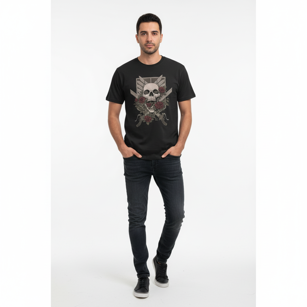 Man wearing a black t-shirt with a skull and crossbones design on a white background