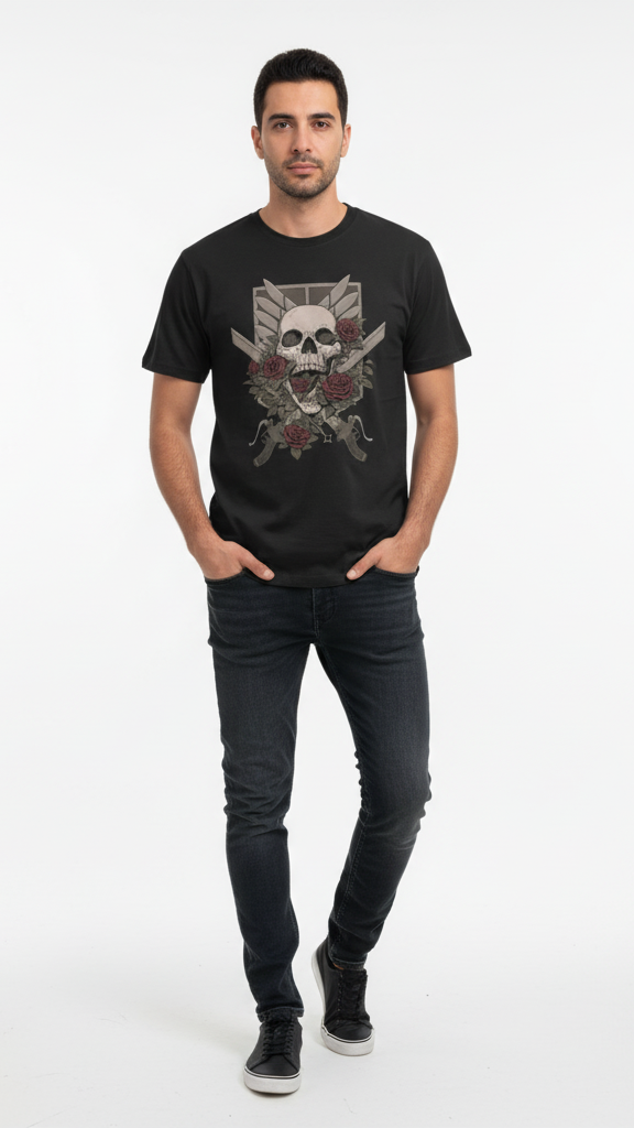 Man wearing a black t-shirt with a skull and crossbones design on a white background