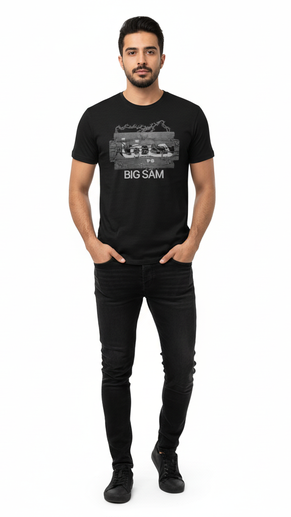 Man wearing a black t-shirt with 'BIG SAM' graphic design on a white background