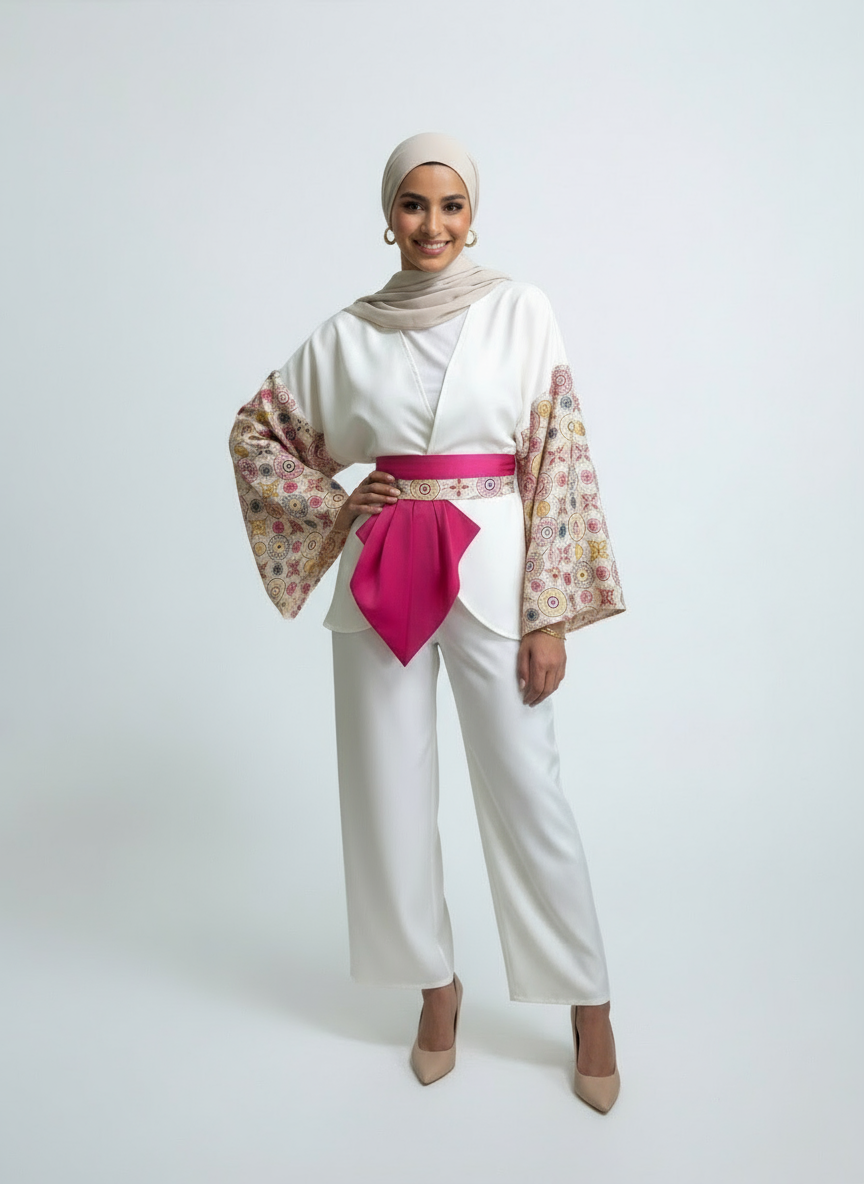 Woman wearing a white outfit with floral sleeves and a pink belt on a white background
