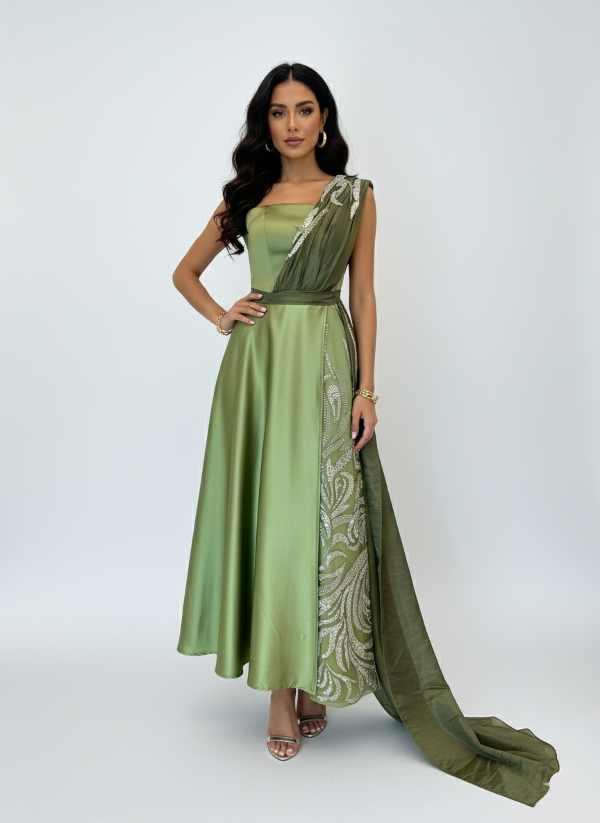 Woman wearing a green evening gown with a white background