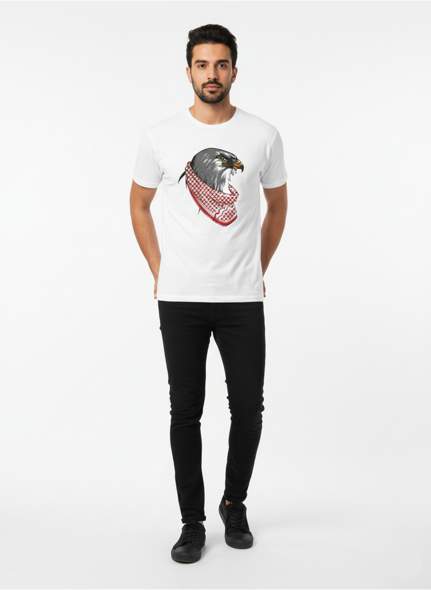 Man wearing a white t-shirt with an eagle design on a plain background