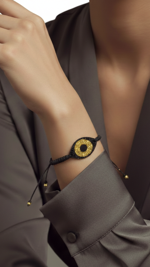 Person wearing a bracelet with a gold circle design on a plain background