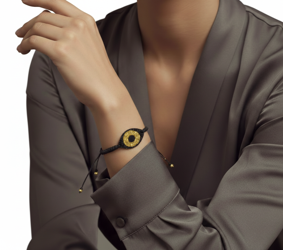 Person wearing a bracelet with a gold circle design on a plain background
