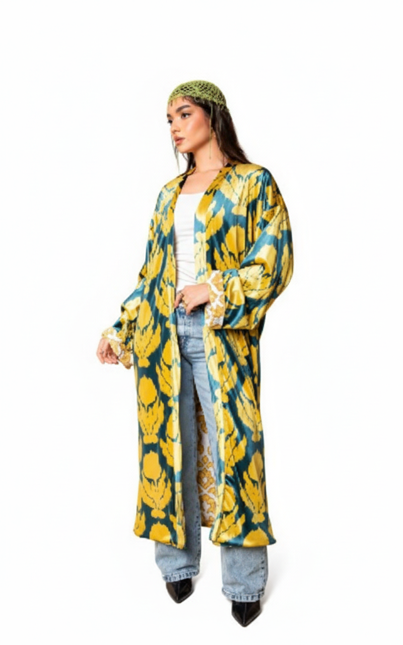 Woman wearing a yellow and blue floral patterned coat on a white background