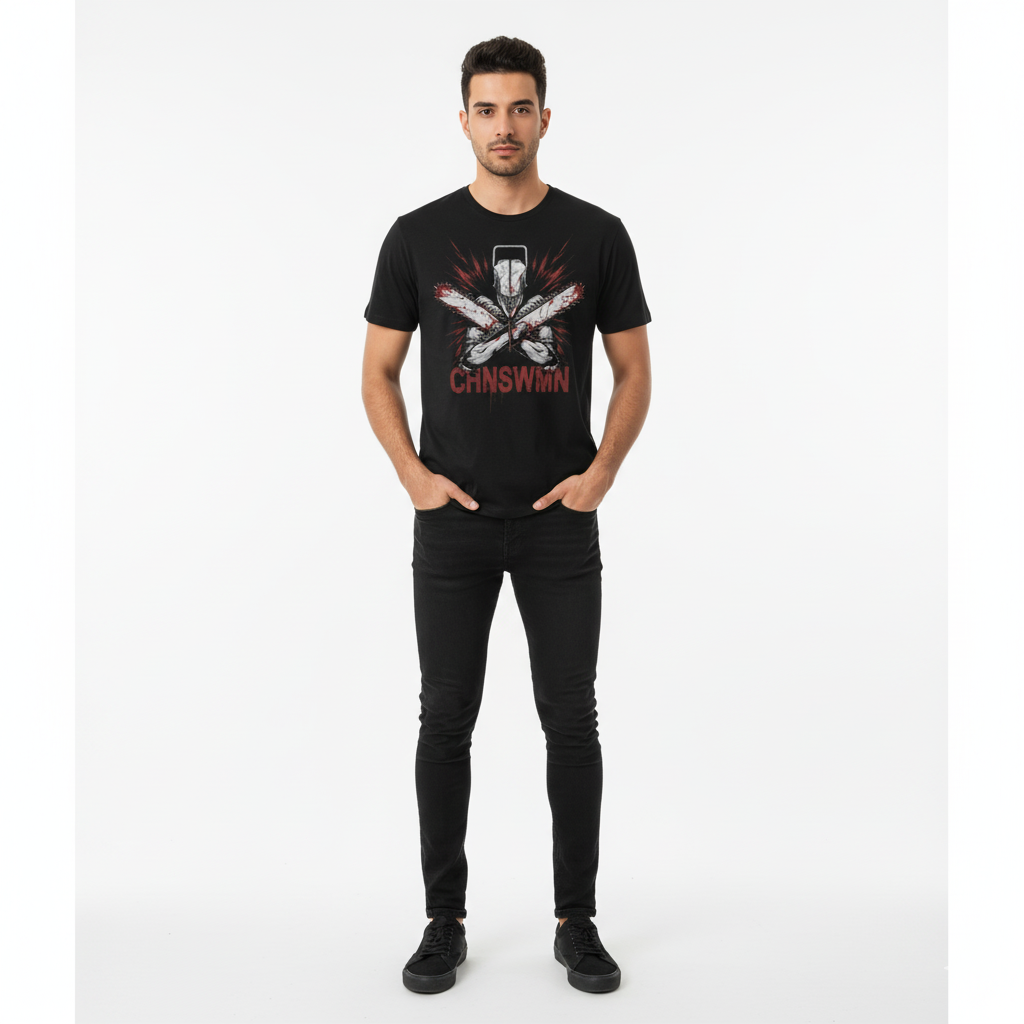 Man wearing a black t-shirt with a graphic design on a white background