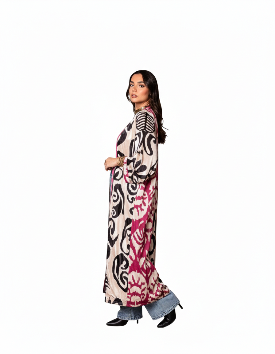 Woman wearing a long, patterned dress on a white background