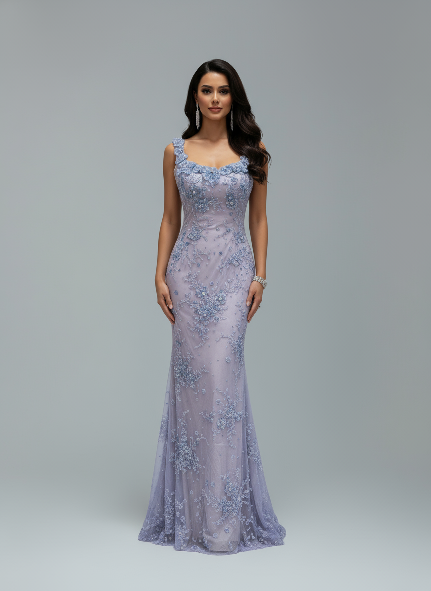 Woman wearing a lavender evening gown with floral lace details on a white background
