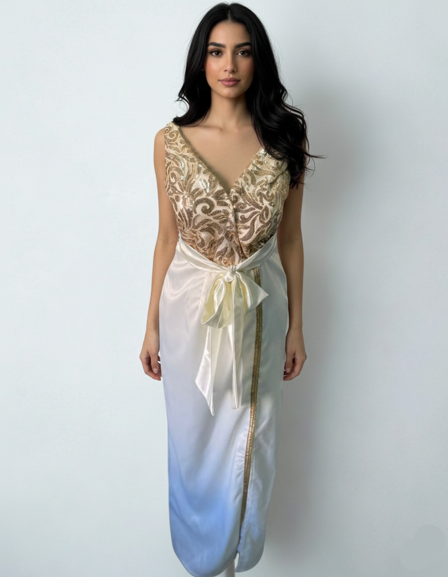 Woman wearing a gold and white dress with a plain background