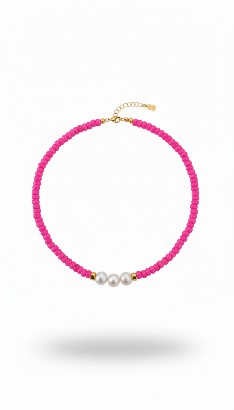 Necklace with pink beads and white pearls on a white background