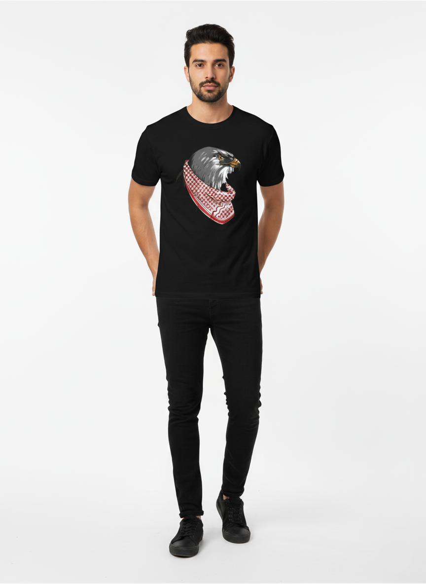 Man wearing a black t-shirt with a graphic design on a white background