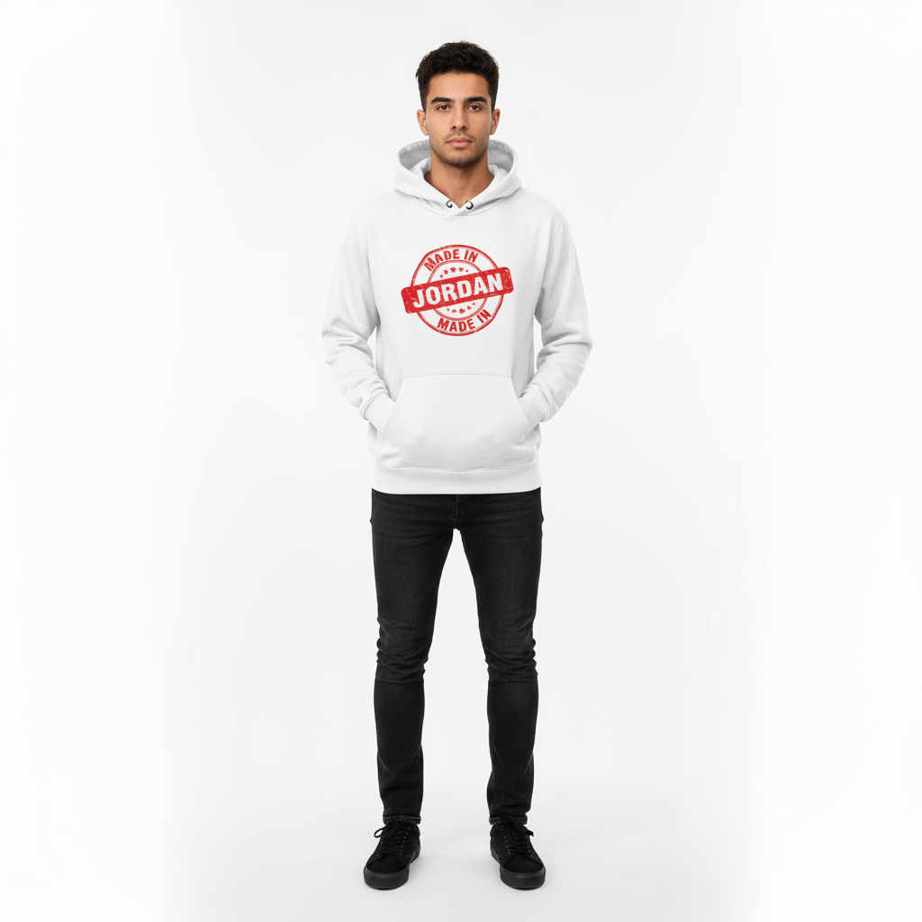 Person wearing a white hoodie with a red logo on a white background