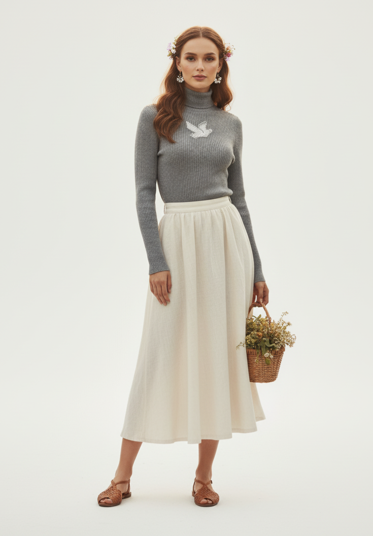 Woman wearing a gray sweater with a bird design and a white skirt, holding a woven basket with plants on a white background.