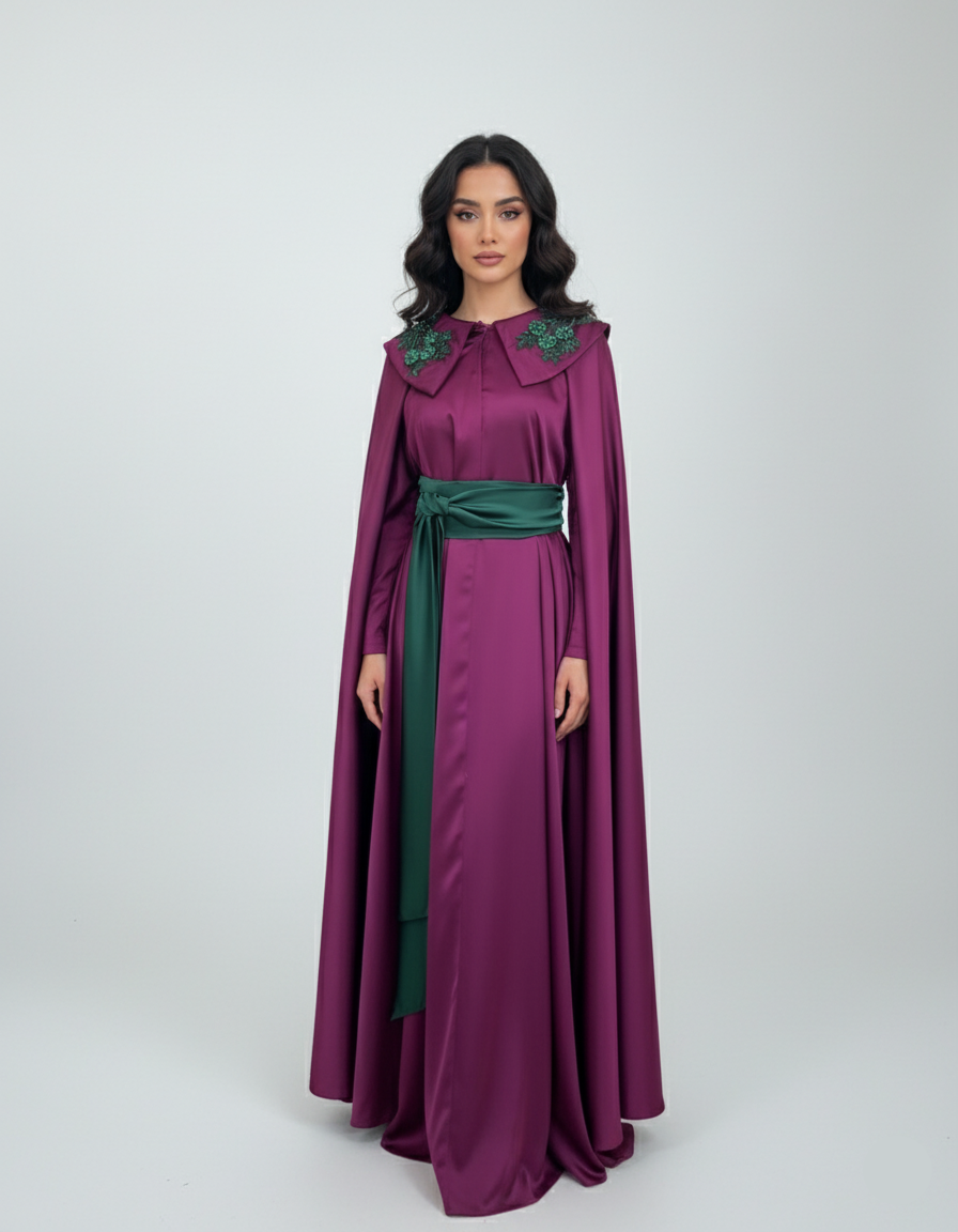 Woman wearing a long purple dress with green accents on a white background