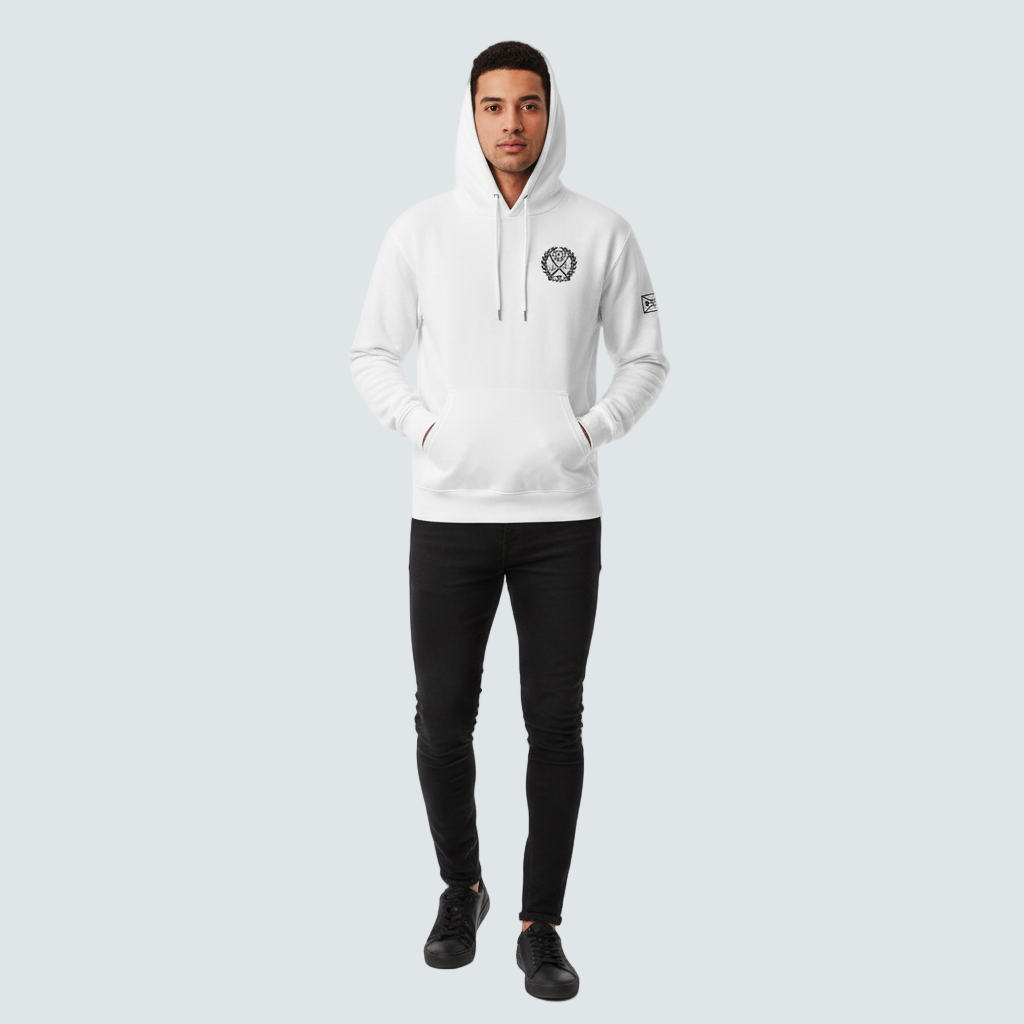 Person wearing a white hoodie with a logo on a light gray background, featuring the Oppa brand.