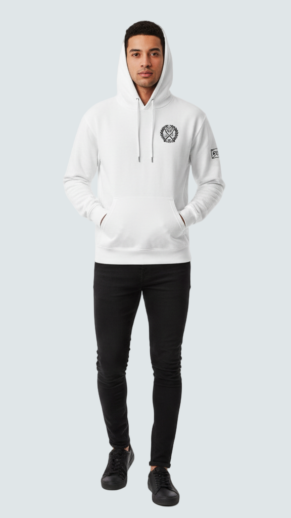 Person wearing a white hoodie with a logo on a light gray background, featuring the Oppa brand.