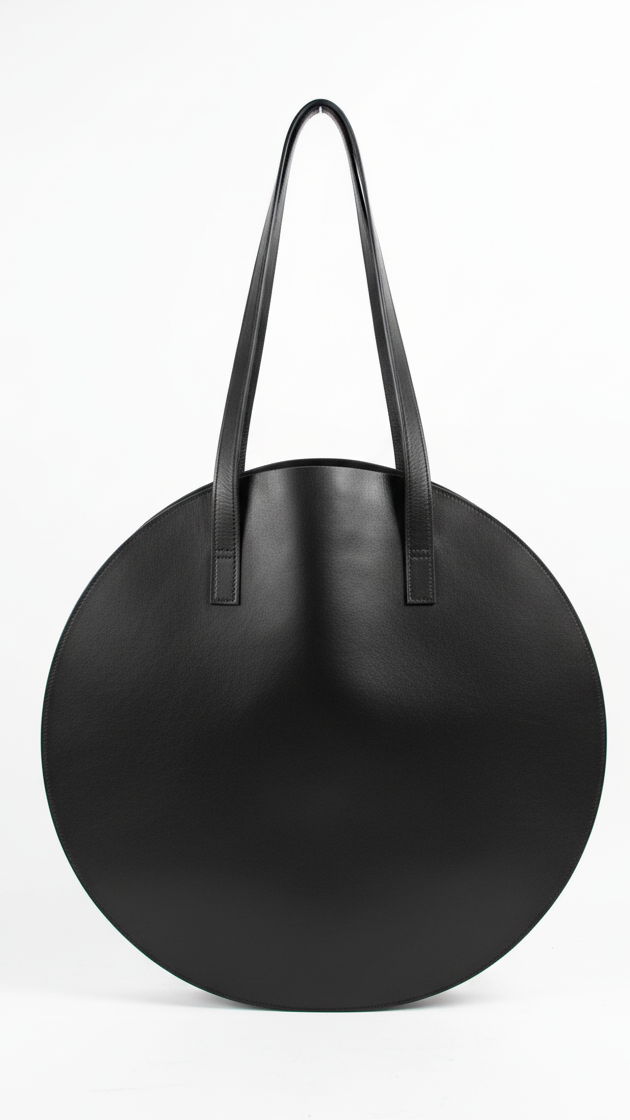 Black round handbag with handles on a white background