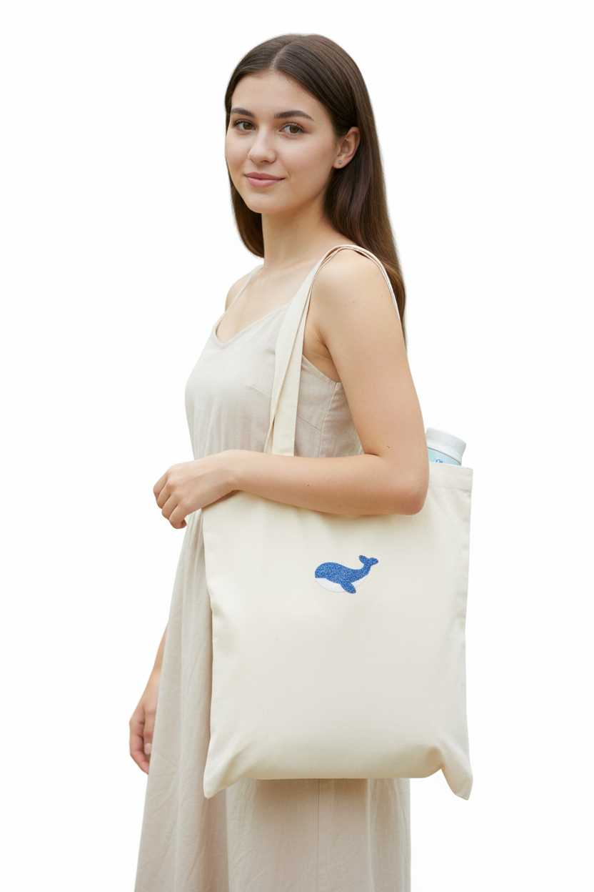 Woman holding a white tote bag with a blue logo on a white background
