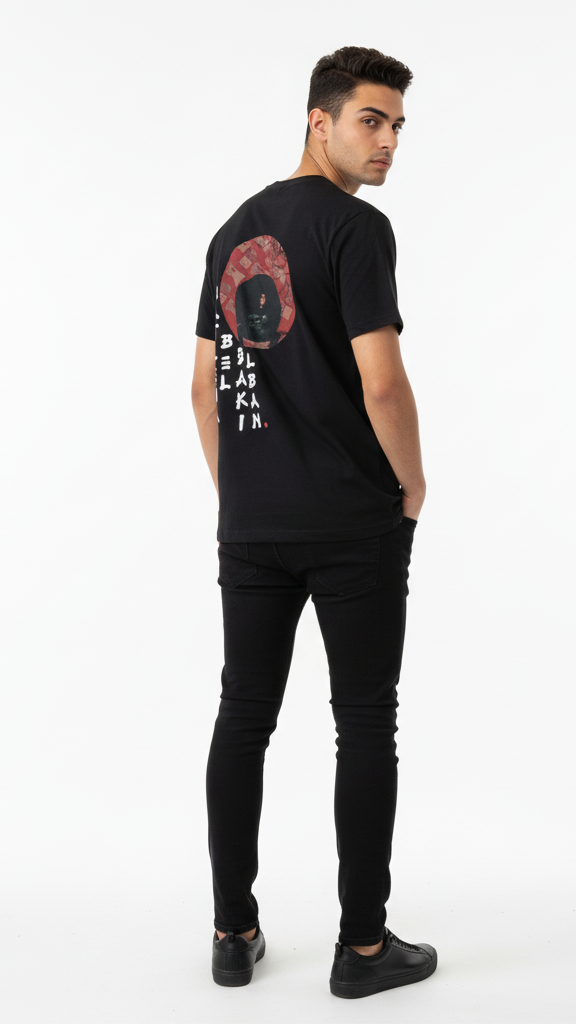 Man wearing a black t-shirt with graphic design on the back against a white background