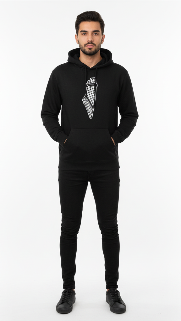 Man wearing a black hoodie with a white graphic design on a white background