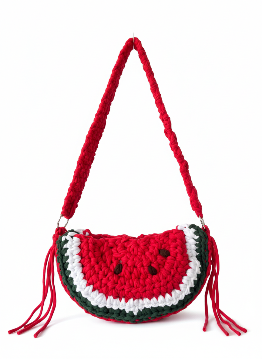 Crocheted watermelon-patterned bag with red handle on a white background