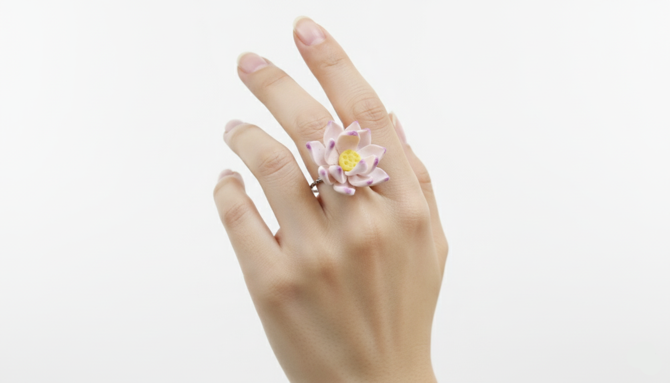Hand wearing a pink lotus flower ring on a white background