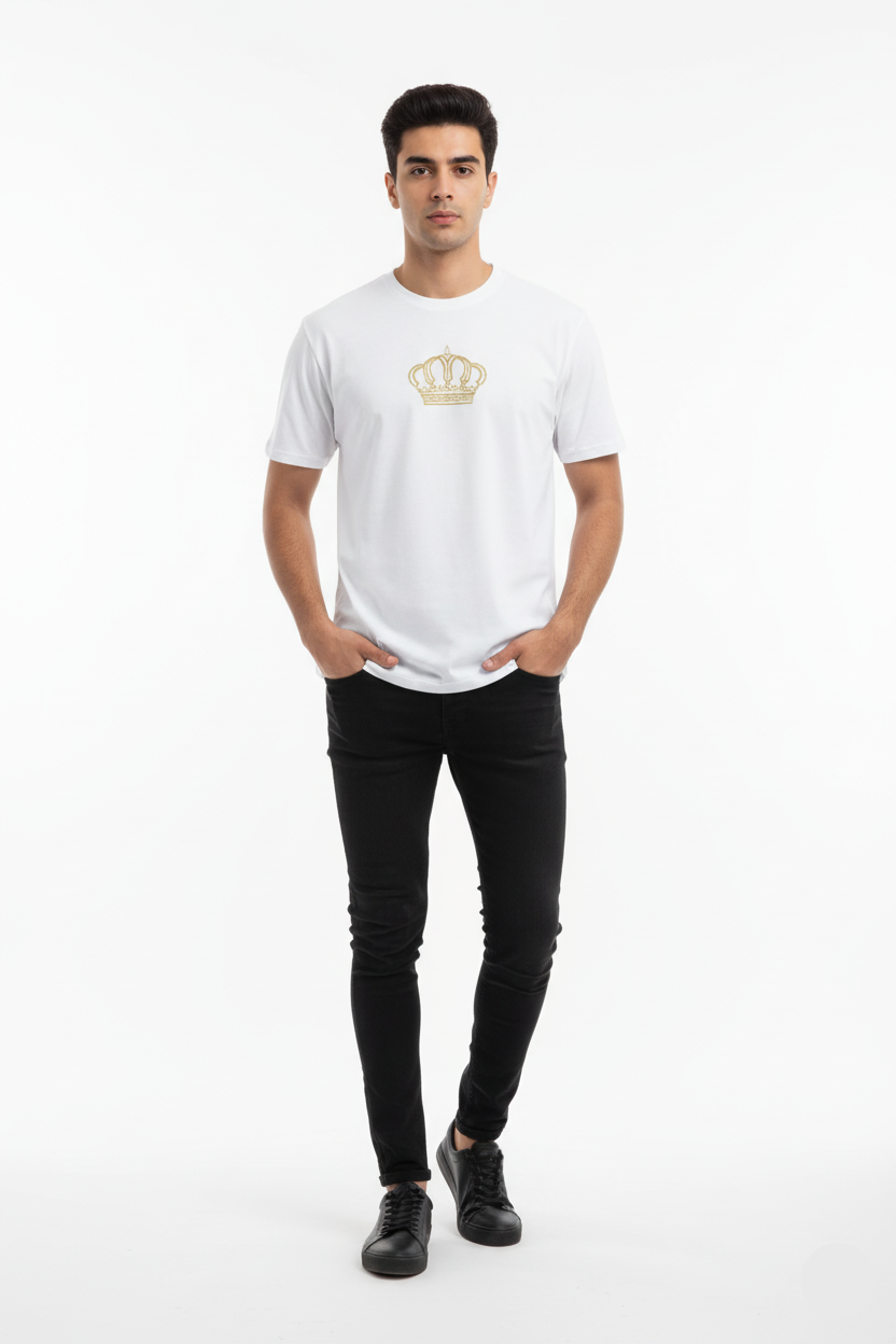 Man wearing a white t-shirt with a gold crown logo and black pants on a white background