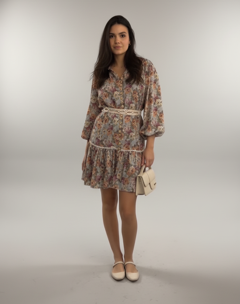 Woman wearing a floral dress with a belt on a plain background