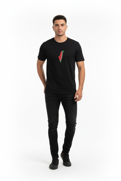 Man wearing a black t-shirt with a logo on a white background