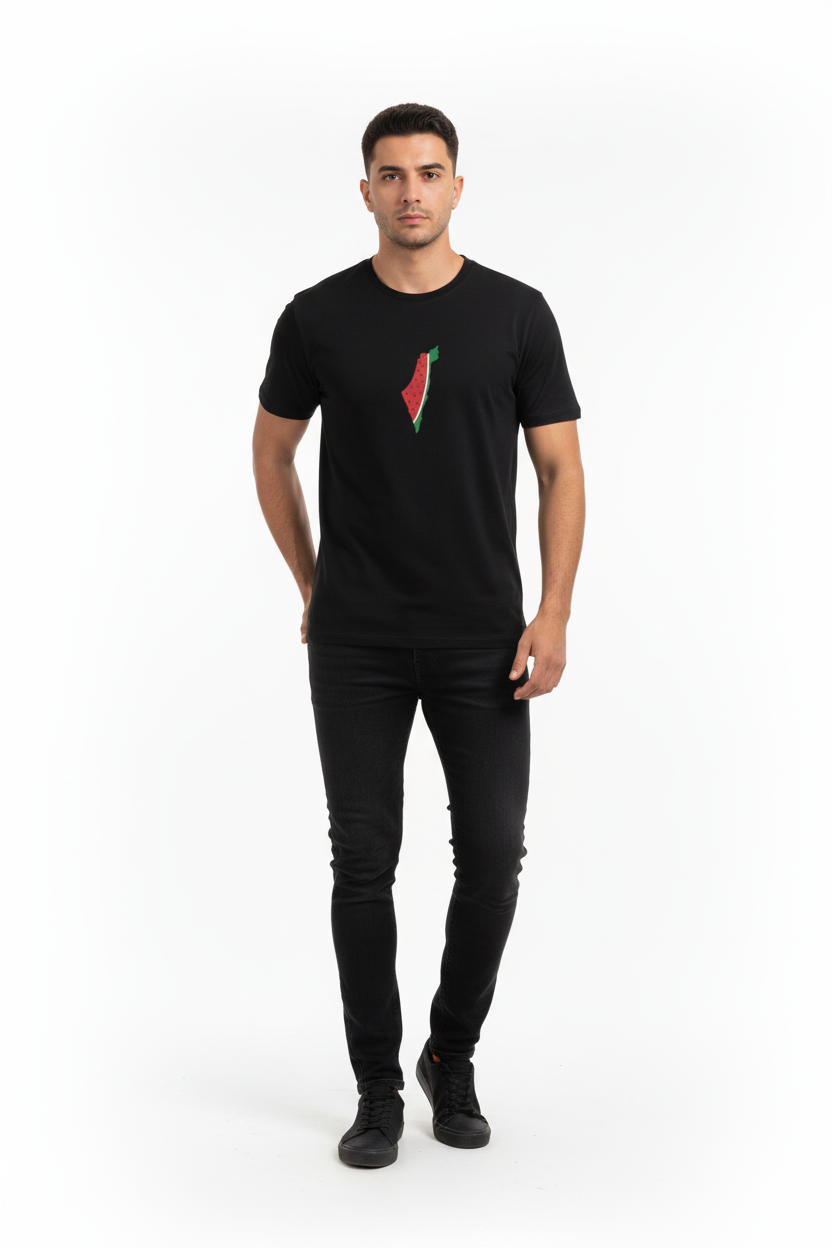 Man wearing a black t-shirt with a logo on a white background