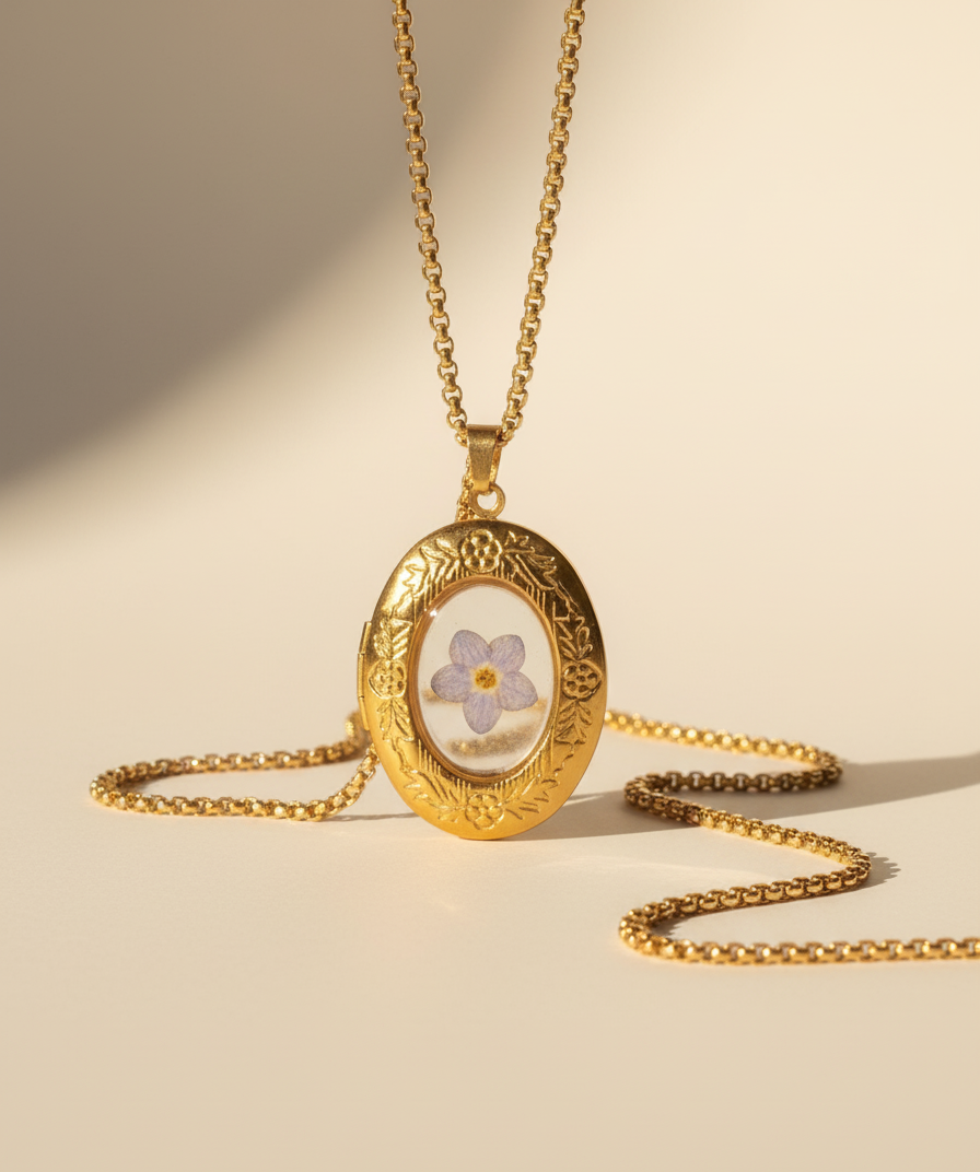 Gold locket necklace with a floral design on a beige background