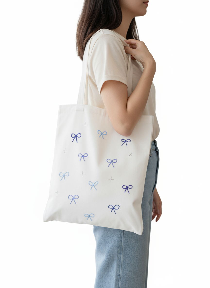 Person holding a white tote bag with blue bow patterns against a white background