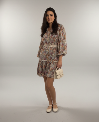 Woman wearing a floral dress with a plain background