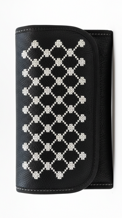 Black clutch bag with diamond pattern on a white background