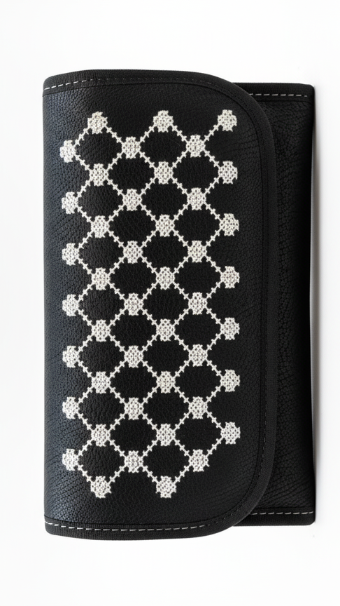 Black clutch bag with diamond pattern on a white background
