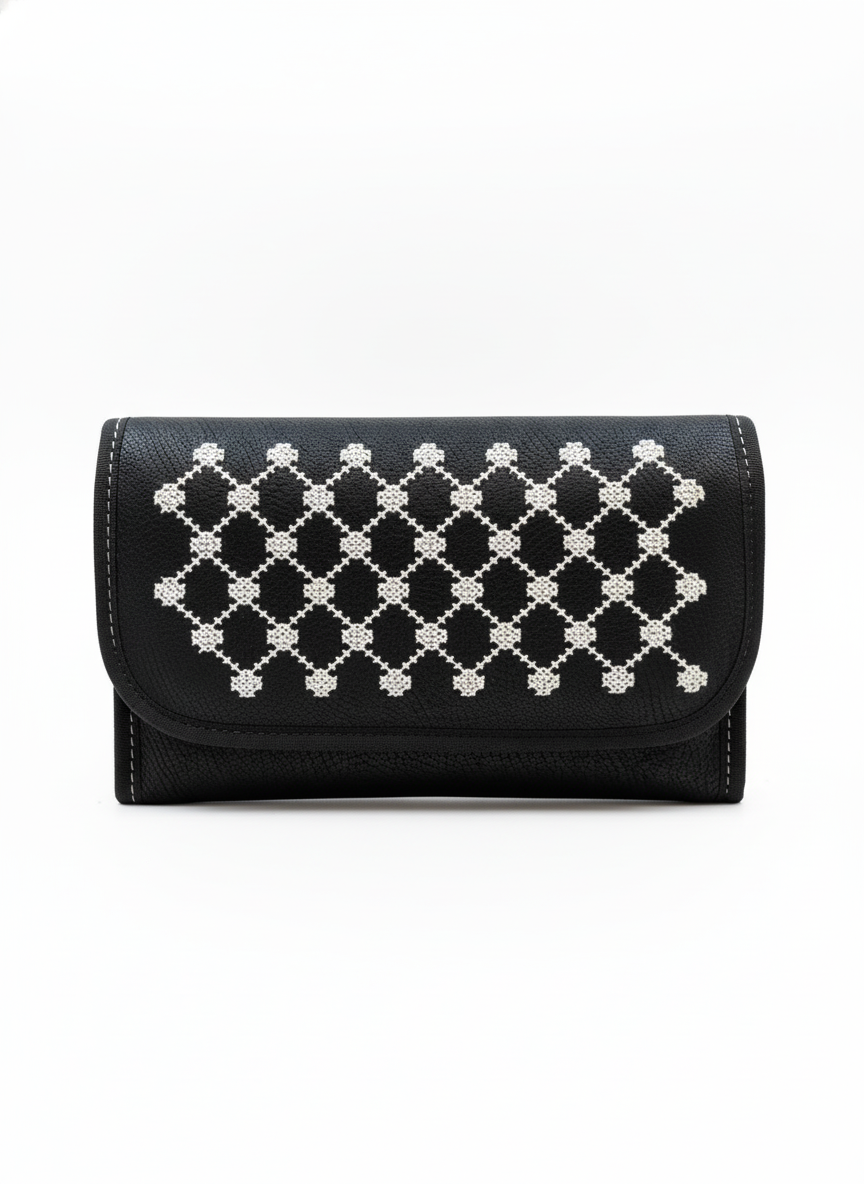 Black clutch bag with diamond pattern on a white background