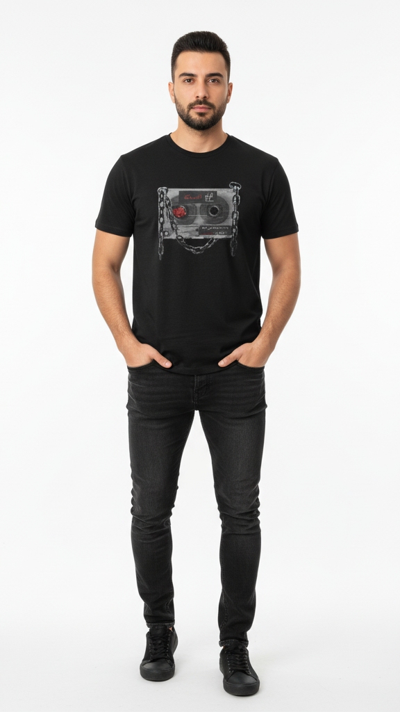 Man wearing a black t-shirt with a graphic design on a white background