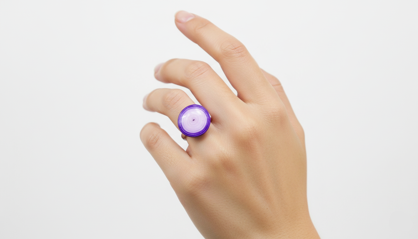 Hand wearing a purple ring on a light gray background