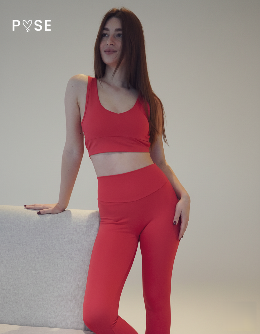 Woman wearing a red athletic outfit posing against a plain background with 'POSE' branding.
