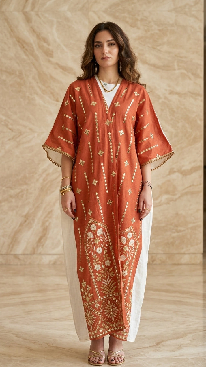 Terracotta Embroidered Kimono Abaya