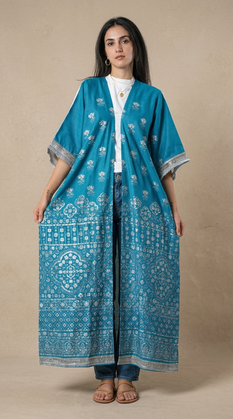 Turquoise Embroidered Open Kimono