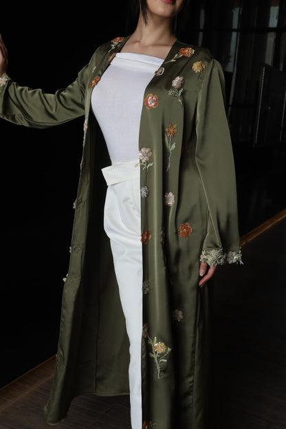 Floral Embroidered Open Abaya – Olive Green