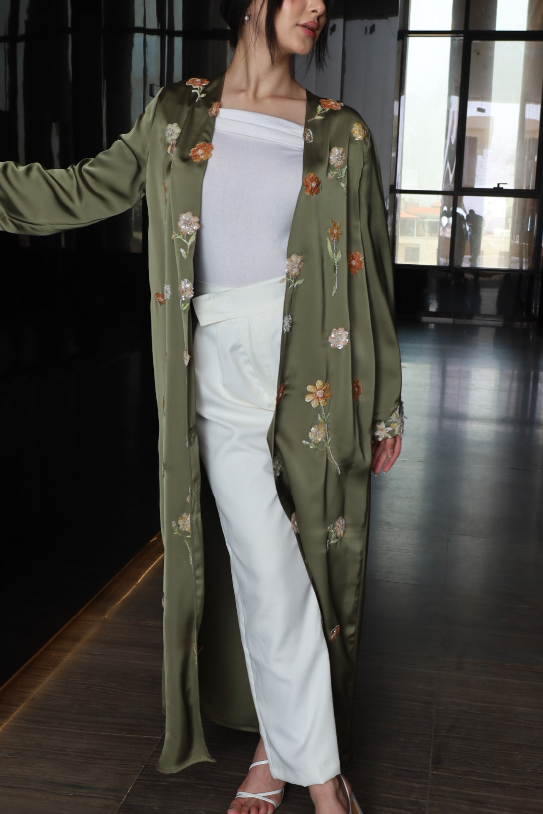 Floral Embroidered Open Abaya – Olive Green