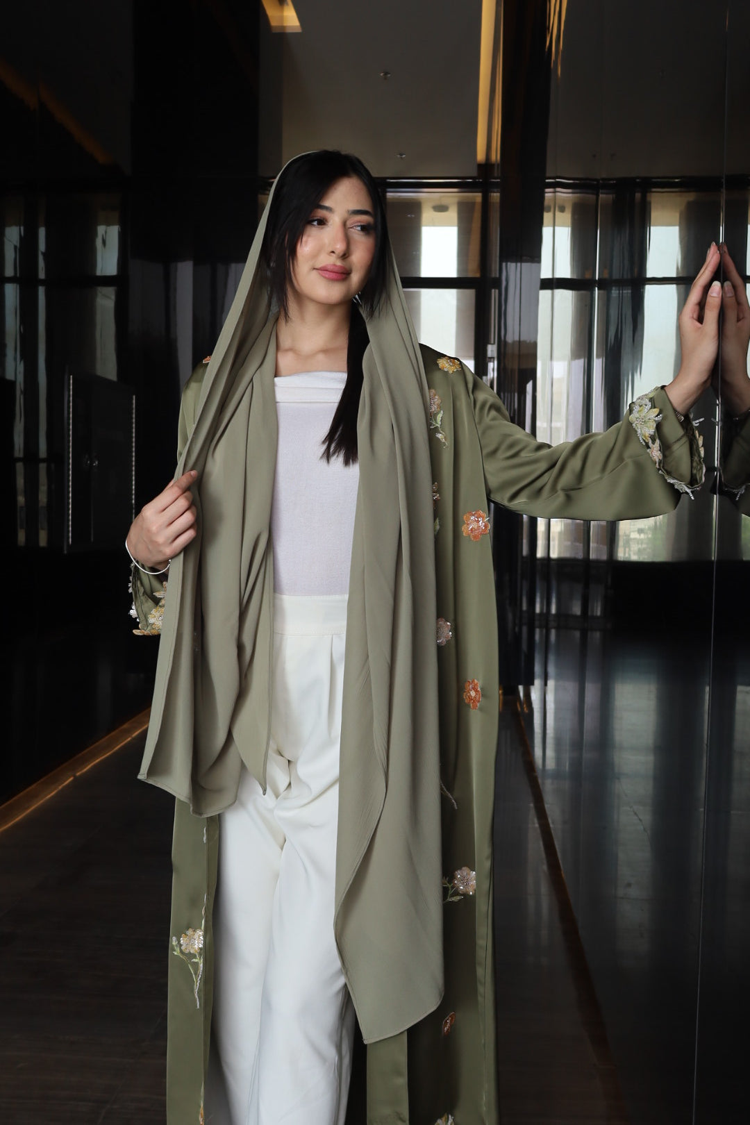 Floral Embroidered Open Abaya – Olive Green