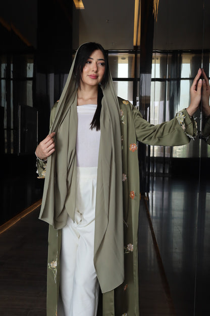 Floral Embroidered Open Abaya – Olive Green