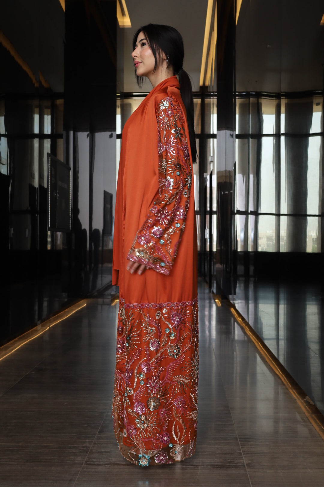 Luxurious Beaded rust orange Abaya