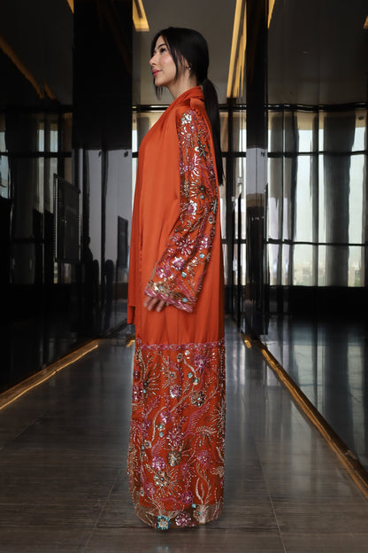 Luxurious Beaded rust orange Abaya