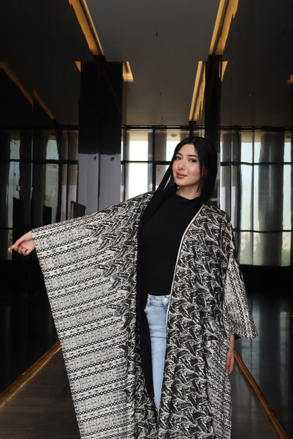Black & White Patterned Open Abaya